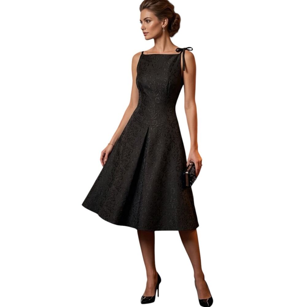 David Meister Floral Jacquard Tie Shoulder A-Line Cocktail Dress Black Size 12
